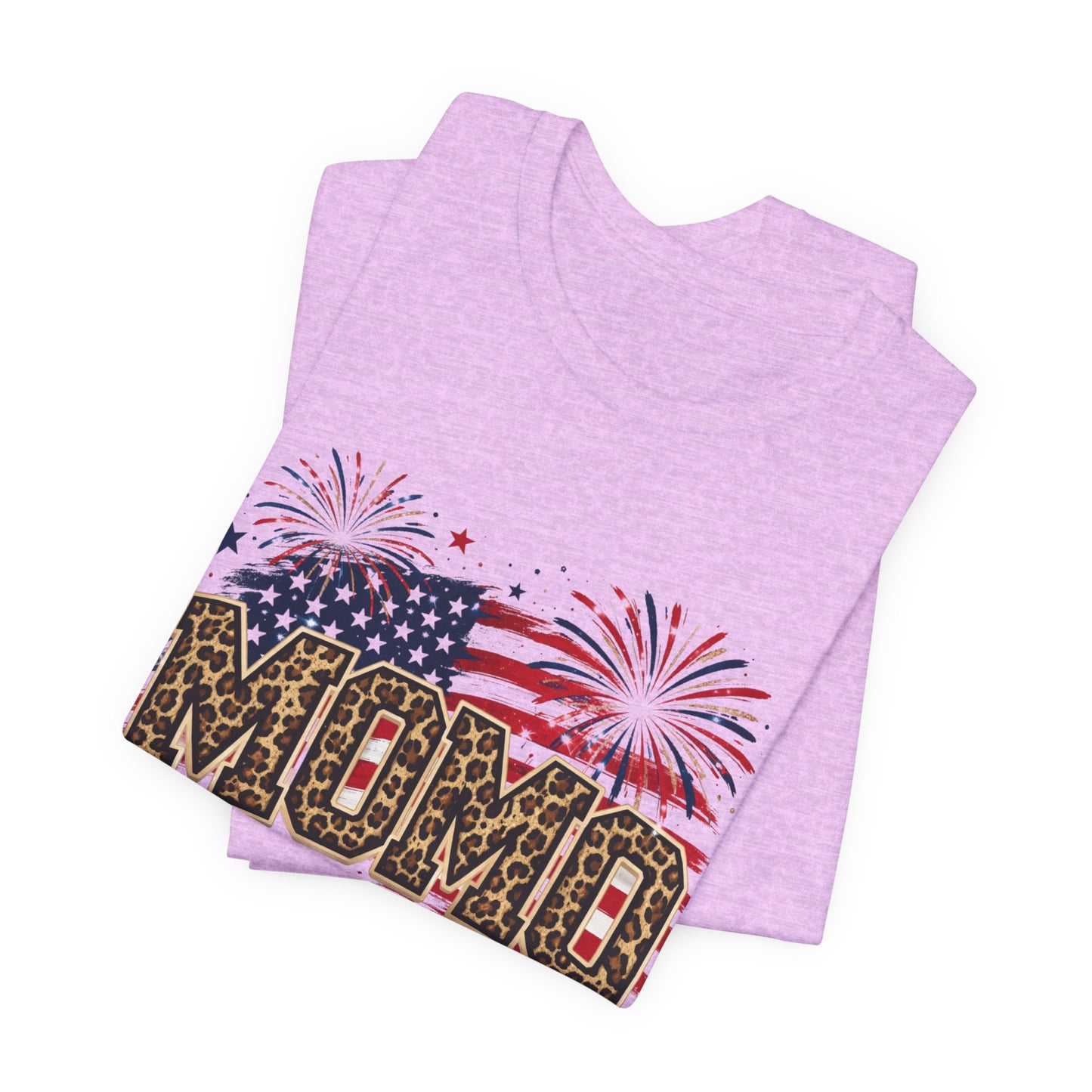 MOMO Leopard Patriotic T‑Shirt — American Flag Fireworks Graphic Tee