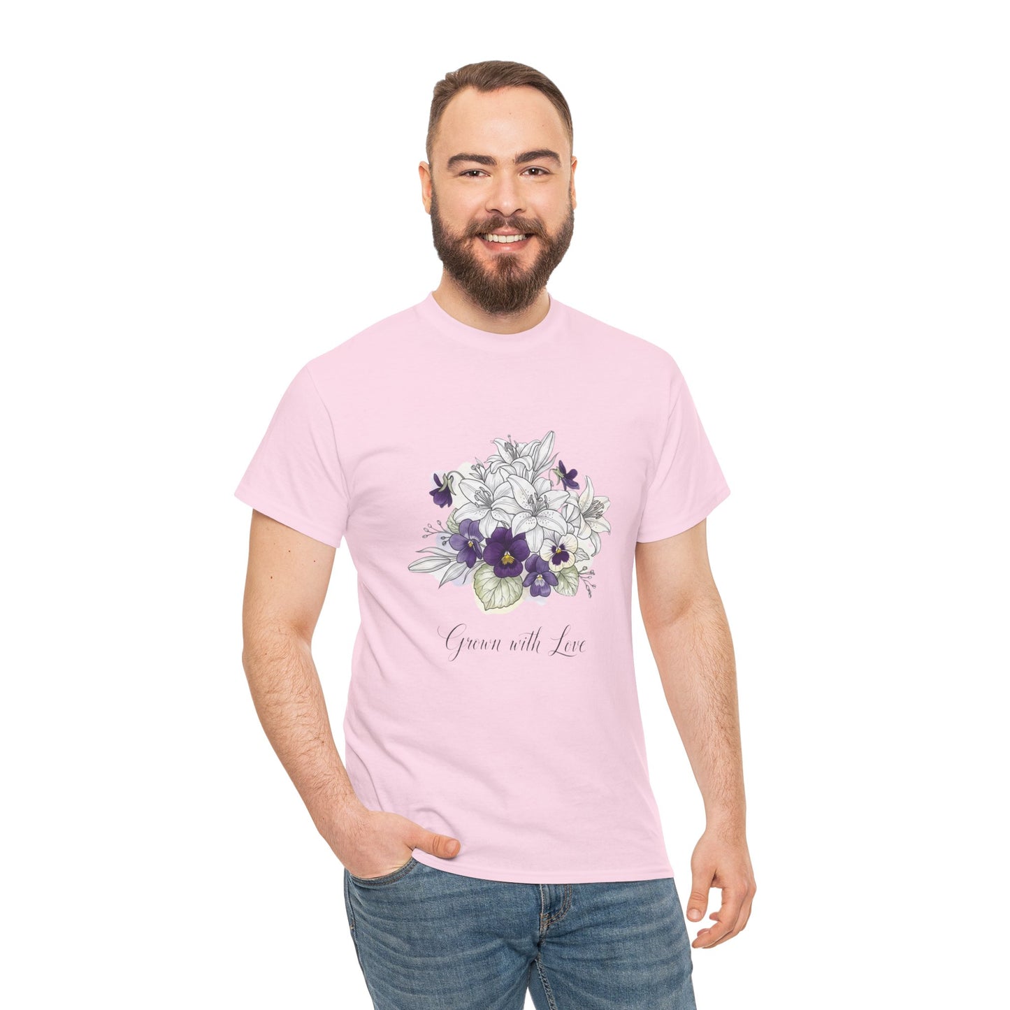 Floral 'Grow with Love' Tee — Botanical Pansy Bouquet T-Shirt