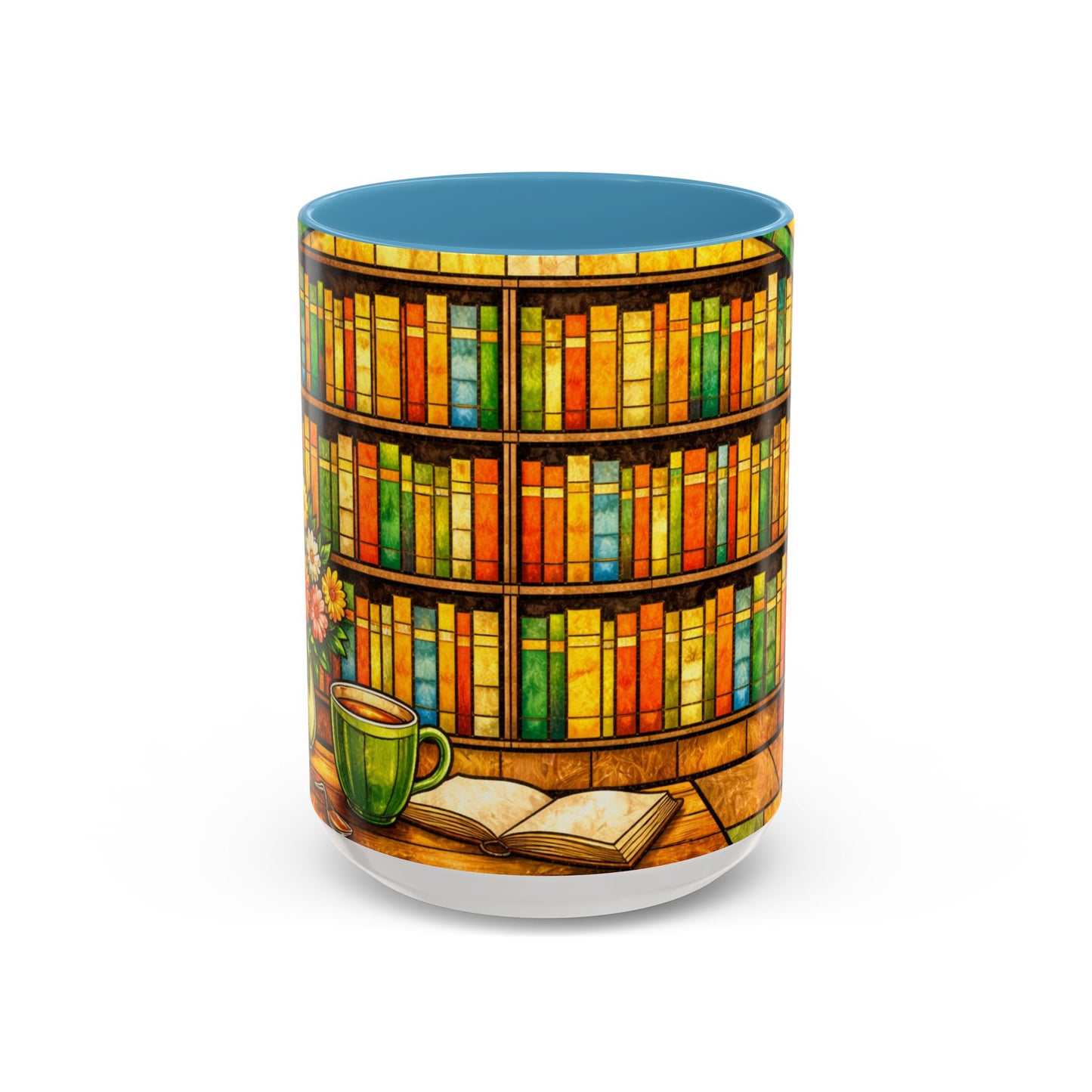 Booklover Coffee Mug – Stained Glass Library Accent Ceramic Mug