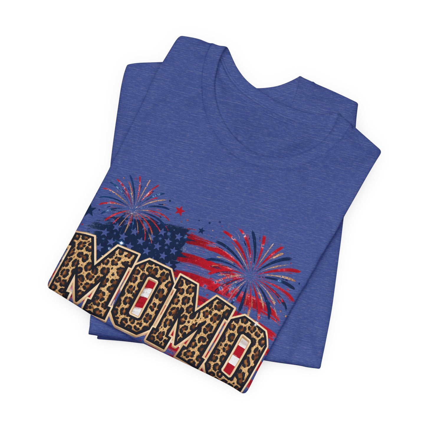 MOMO Leopard Patriotic T‑Shirt — American Flag Fireworks Graphic Tee