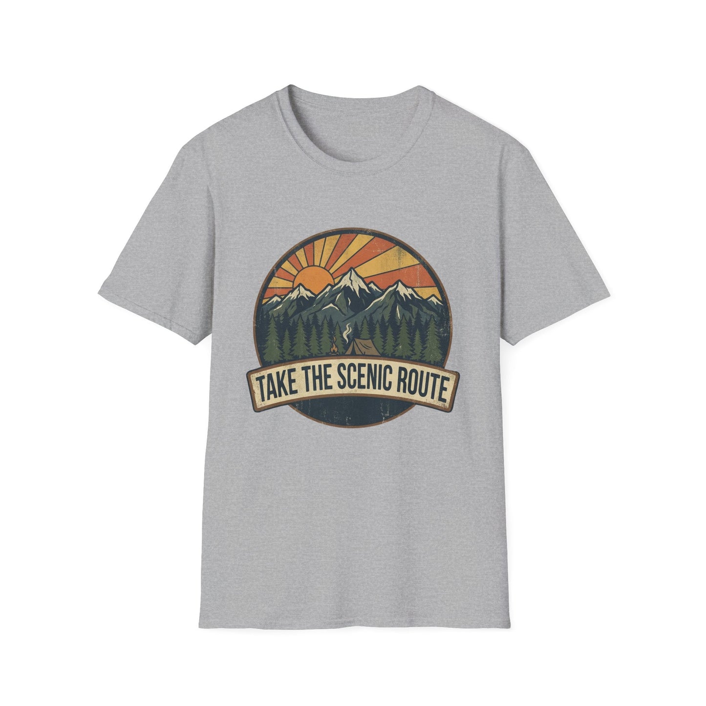 Take The Scenic Route T-Shirt — Vintage Mountain Sun Graphic Tee for Travelers & Hikers