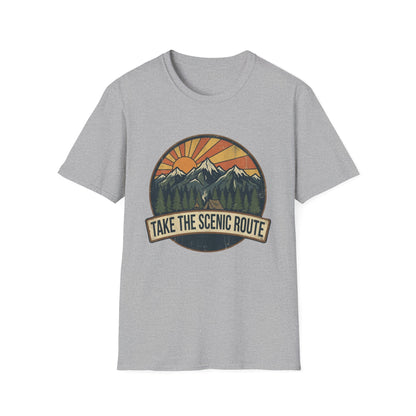 Take The Scenic Route T-Shirt — Vintage Mountain Sun Graphic Tee for Travelers & Hikers