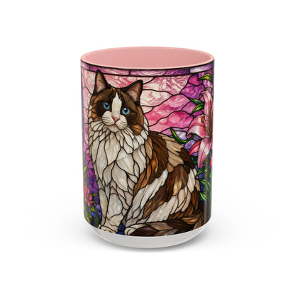 Ragdoll Cat Stained Glass Mug 15oz — Floral Lily Accent Coffee Cup Gift