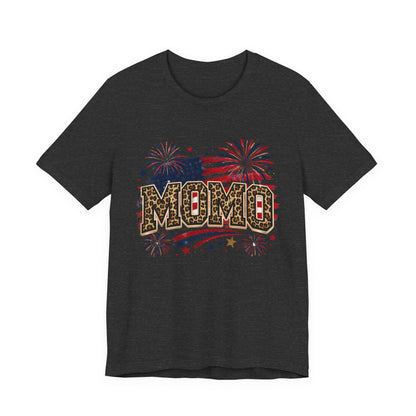 MOMO Leopard Patriotic T‑Shirt — American Flag Fireworks Graphic Tee