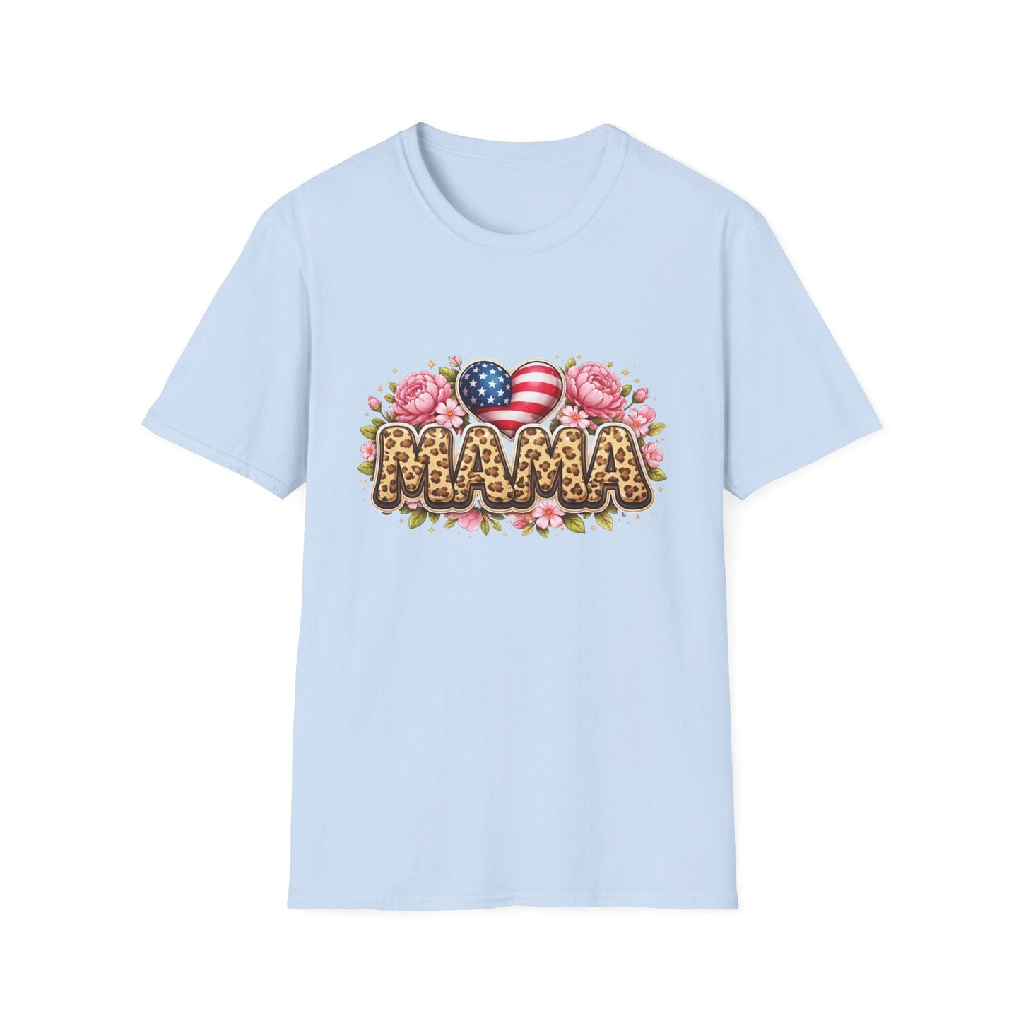 Mama Leopard Floral Tee with American Flag Hearts — Patriotic Mother's Day Shirt