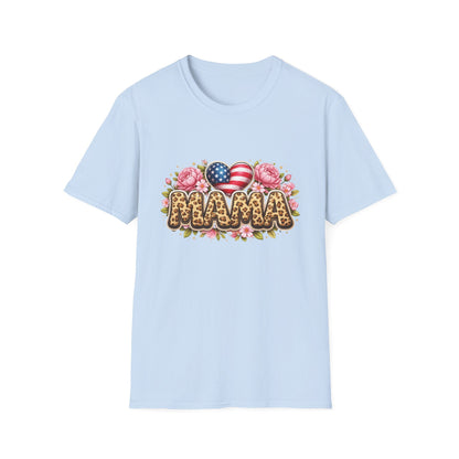 Mama Leopard Floral Tee with American Flag Hearts — Patriotic Mother's Day Shirt