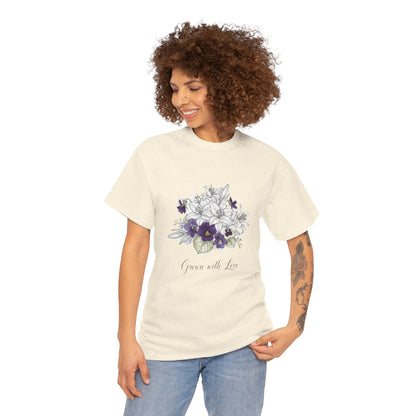 Floral 'Grow with Love' Tee — Botanical Pansy Bouquet T-Shirt