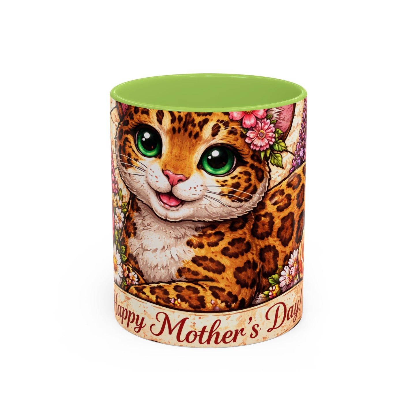 Mother's Day Cat Coffee Mug – Cute Floral Leopard Cat Accent Mug (11 oz)