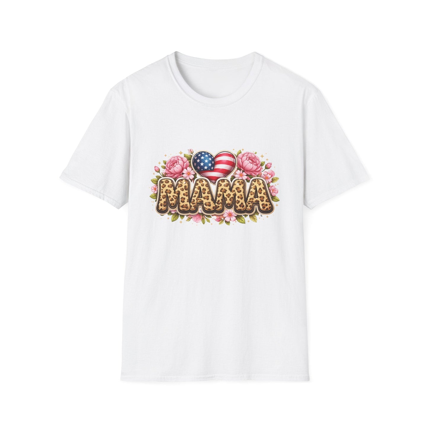 Mama Leopard Floral Tee with American Flag Hearts — Patriotic Mother's Day Shirt