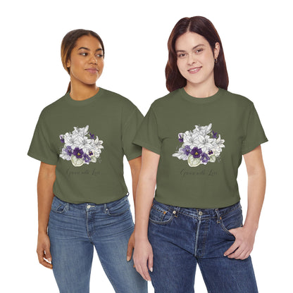 Floral 'Grow with Love' Tee — Botanical Pansy Bouquet T-Shirt