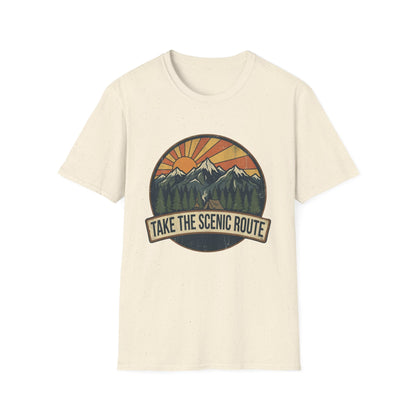 Take The Scenic Route T-Shirt — Vintage Mountain Sun Graphic Tee for Travelers & Hikers