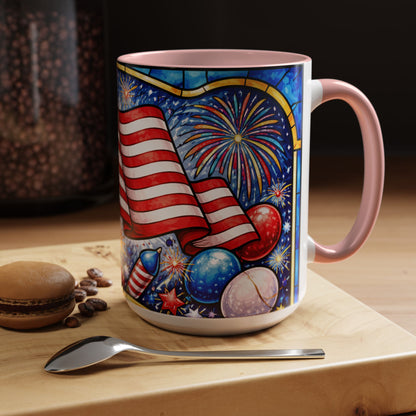 Patriotic American Flag Coffee Mug – Accent Mug with Fireworks & USA Design