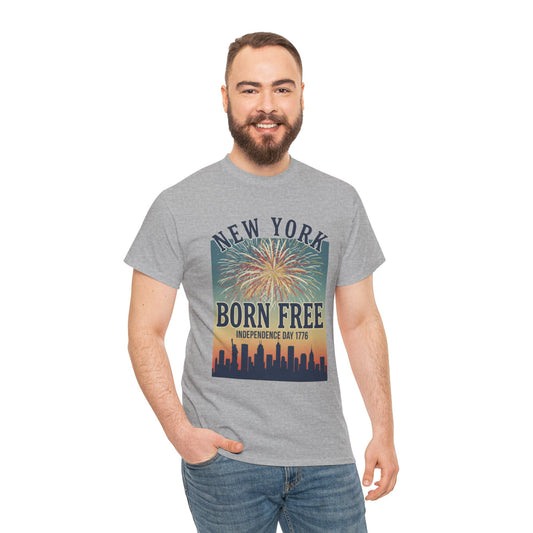 New York "Born Free" Fireworks Skyline Tee — Vintage Patriotic USA Gift
