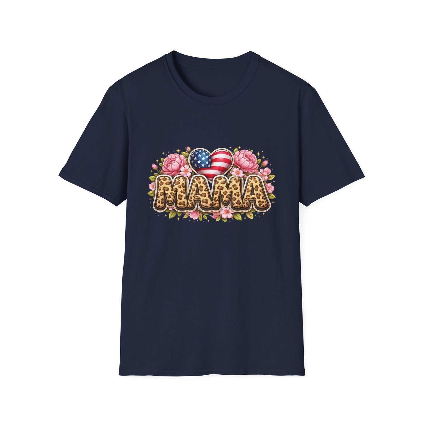 Mama Leopard Floral Tee with American Flag Hearts — Patriotic Mother's Day Shirt