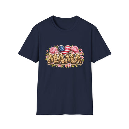 Mama Leopard Floral Tee with American Flag Hearts — Patriotic Mother's Day Shirt