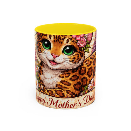 Mother's Day Cat Coffee Mug – Cute Floral Leopard Cat Accent Mug (11 oz)
