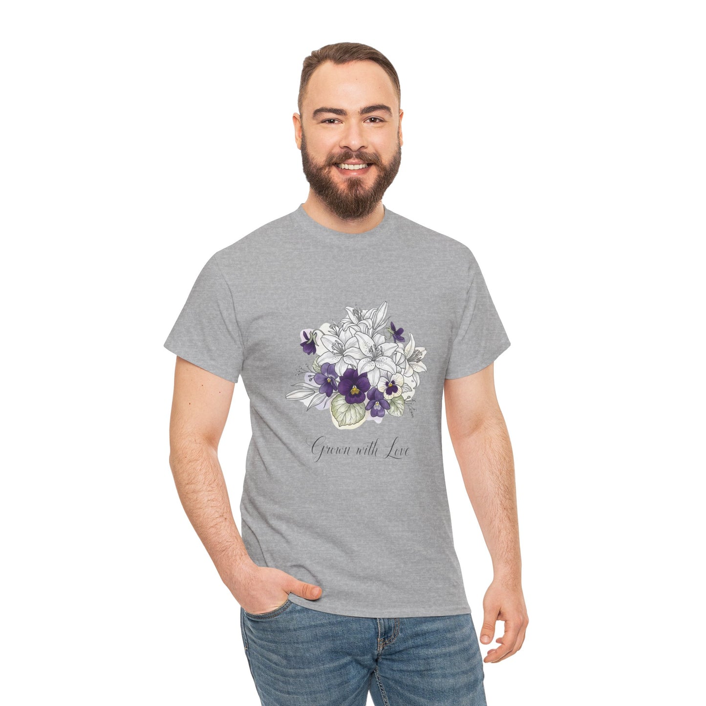 Floral 'Grow with Love' Tee — Botanical Pansy Bouquet T-Shirt