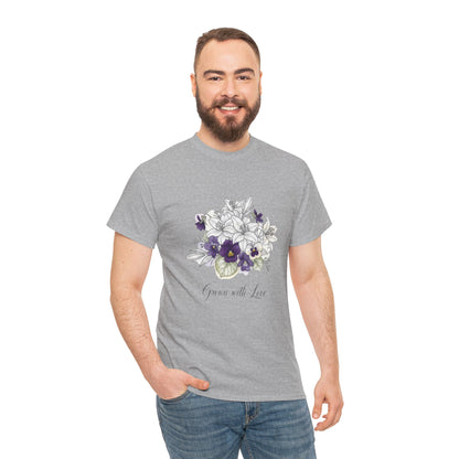 Floral 'Grow with Love' Tee — Botanical Pansy Bouquet T-Shirt