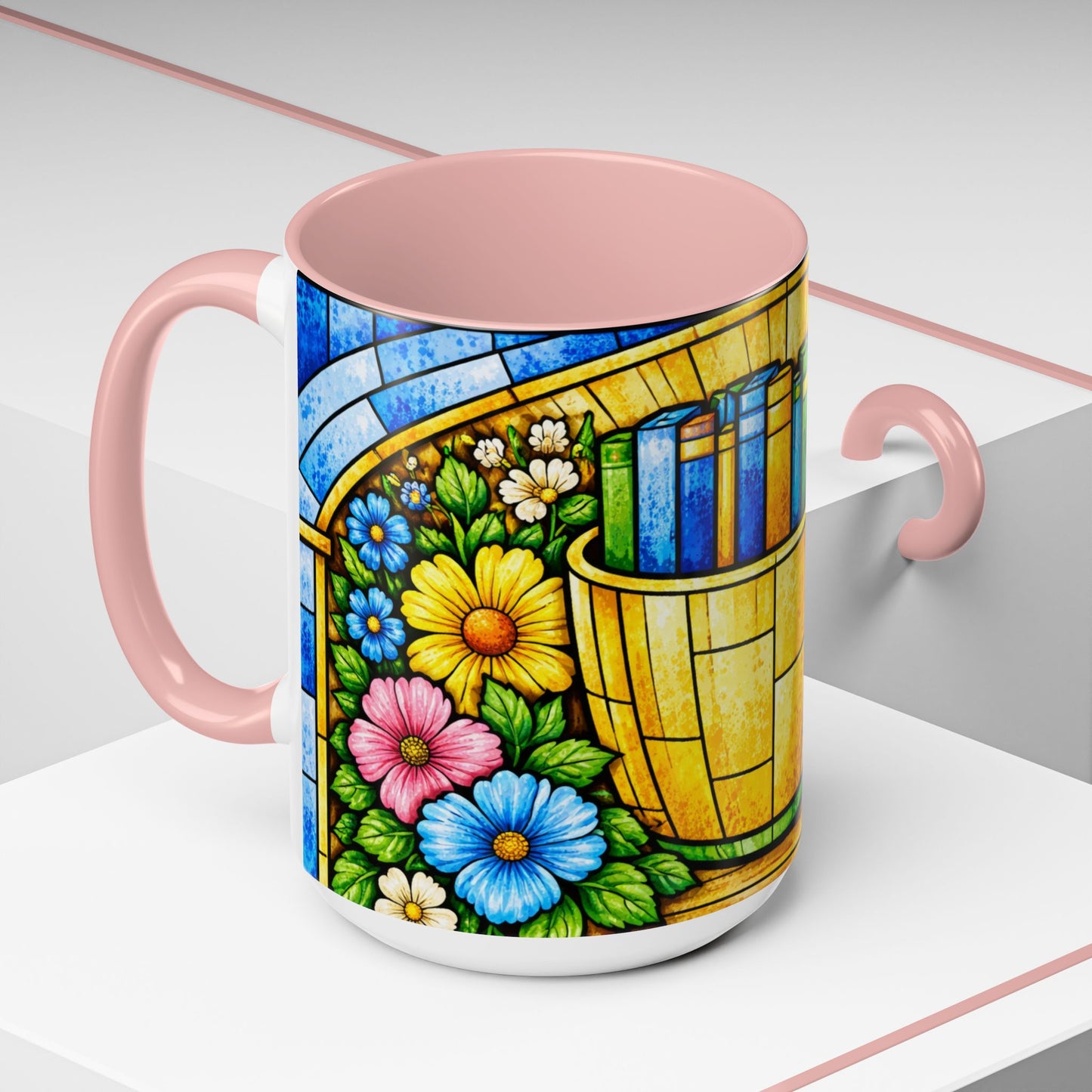 Stained Glass Garden Mug — Colorful Floral Book Basket Coffee Mug