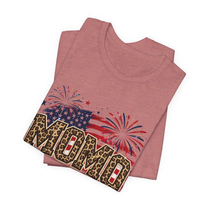 MOMO Leopard Patriotic T‑Shirt — American Flag Fireworks Graphic Tee