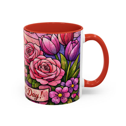Mother's Day Floral Coffee Mug — Stained-Glass Rose Design, Unique Mom Gift (11 oz)