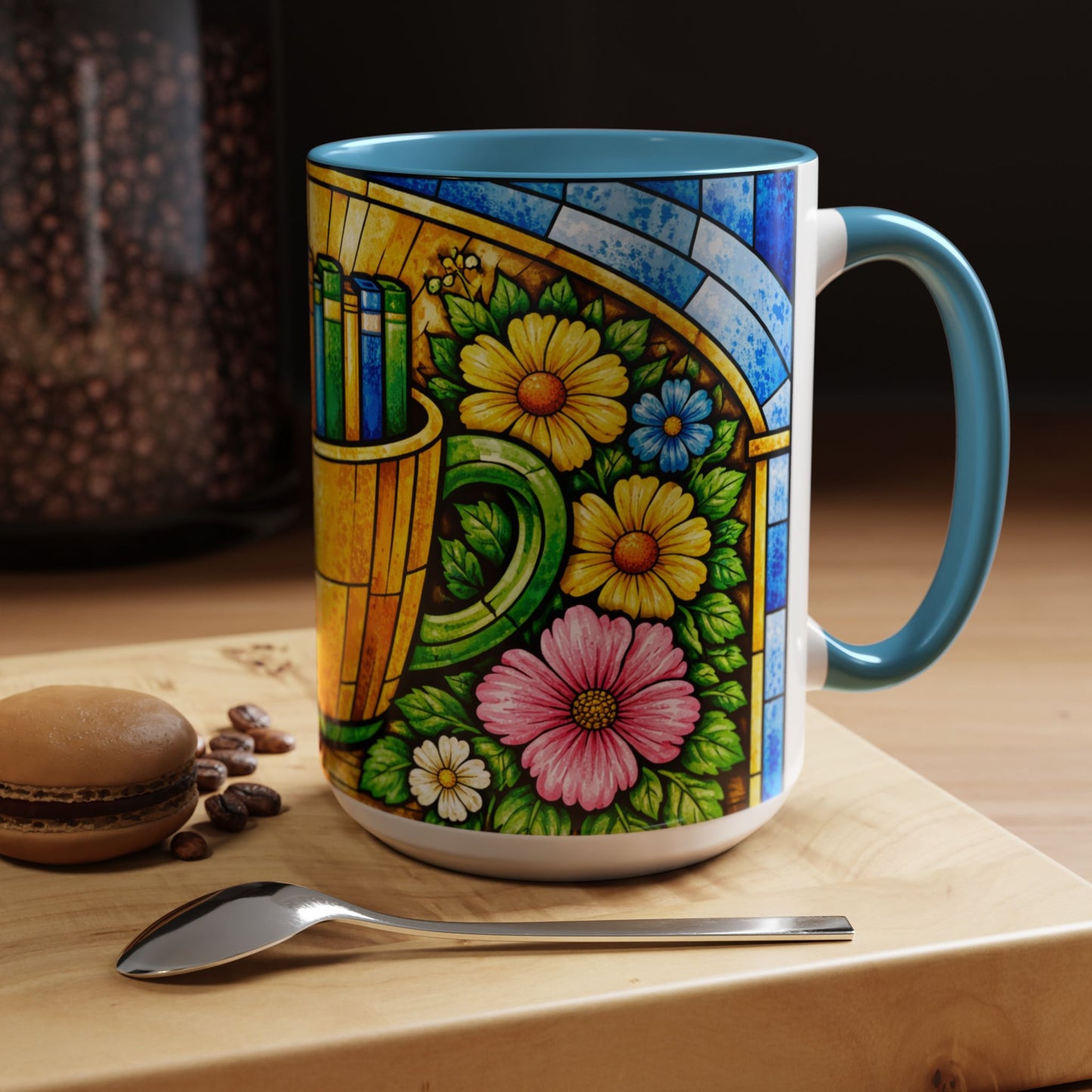 Stained Glass Garden Mug — Colorful Floral Book Basket Coffee Mug