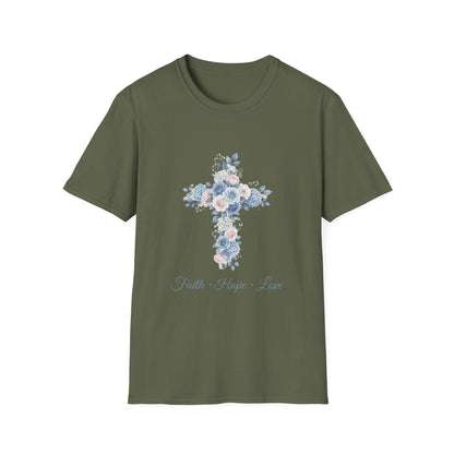Floral Cross T-Shirt — "Faith • Hope • Love" Christian Graphic Tee