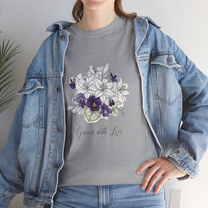 Floral 'Grow with Love' Tee — Botanical Pansy Bouquet T-Shirt