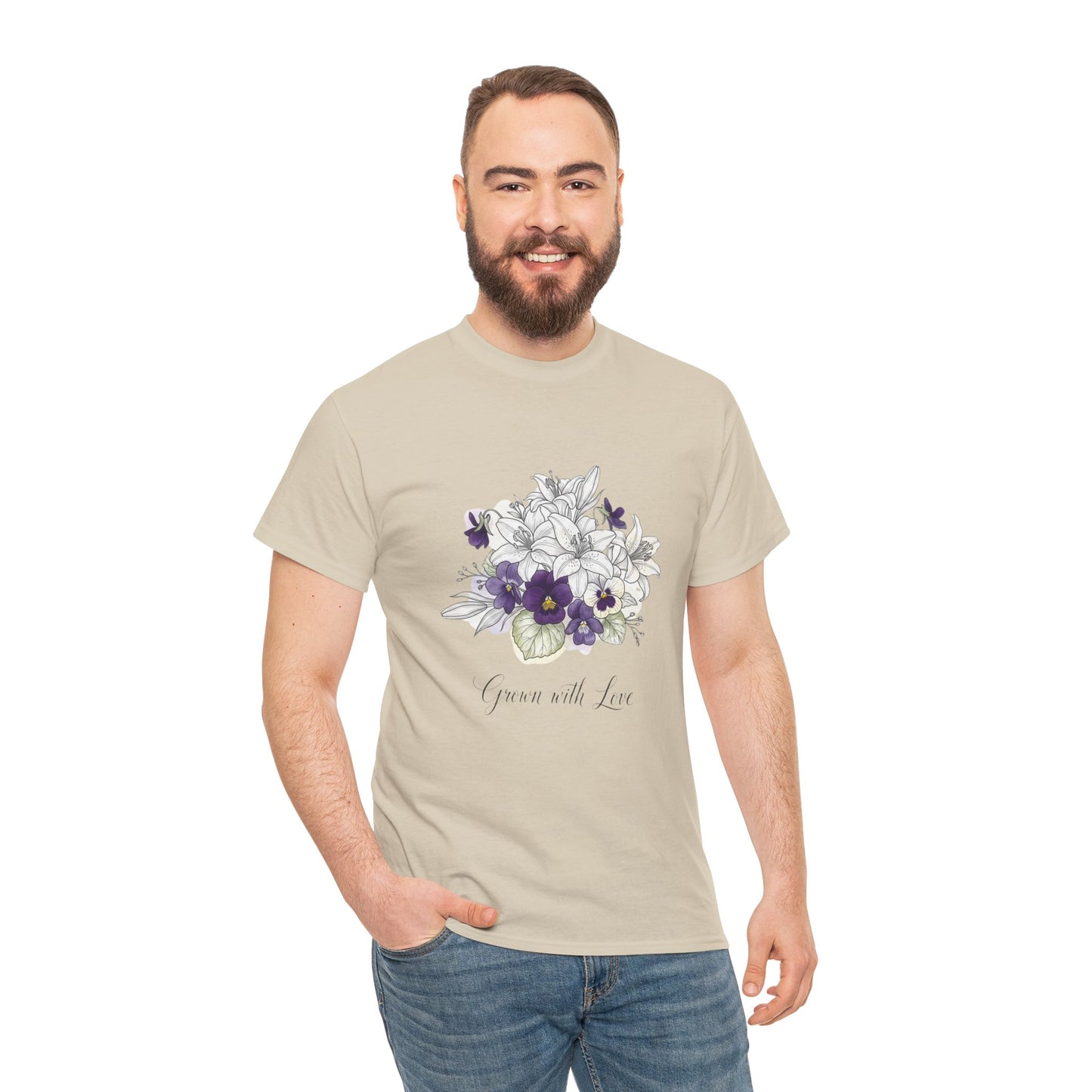 Floral 'Grow with Love' Tee — Botanical Pansy Bouquet T-Shirt