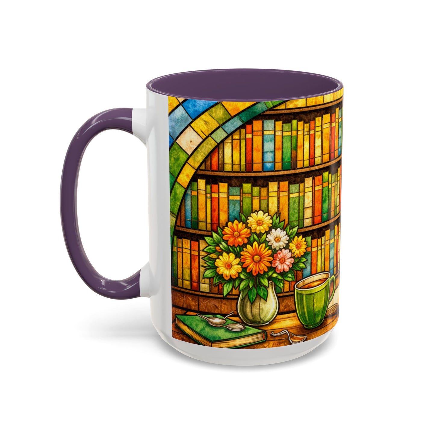 Booklover Coffee Mug – Stained Glass Library Accent Ceramic Mug