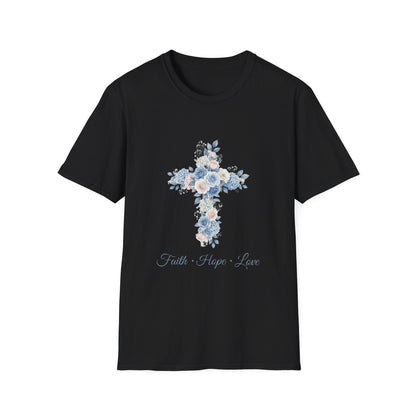 Floral Cross T-Shirt — "Faith • Hope • Love" Christian Graphic Tee