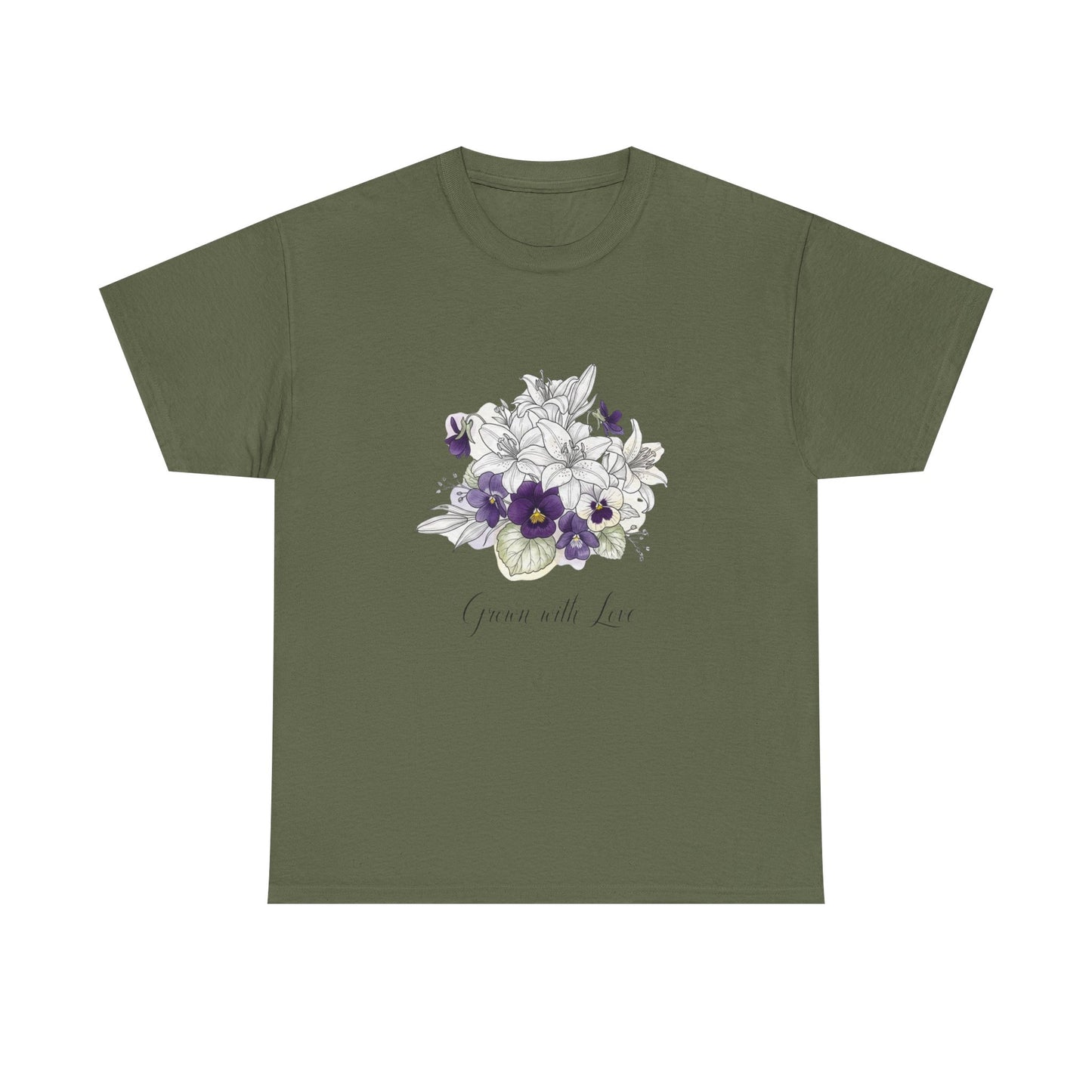 Floral 'Grow with Love' Tee — Botanical Pansy Bouquet T-Shirt