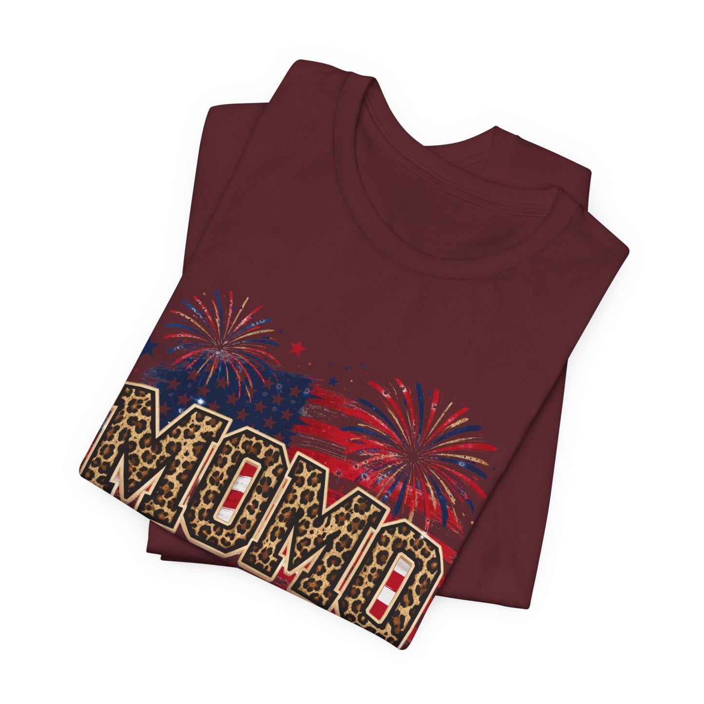 MOMO Leopard Patriotic T‑Shirt — American Flag Fireworks Graphic Tee