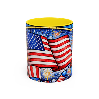 Patriotic American Flag Coffee Mug – 11/15oz Accent Mug with Fireworks & USA Design