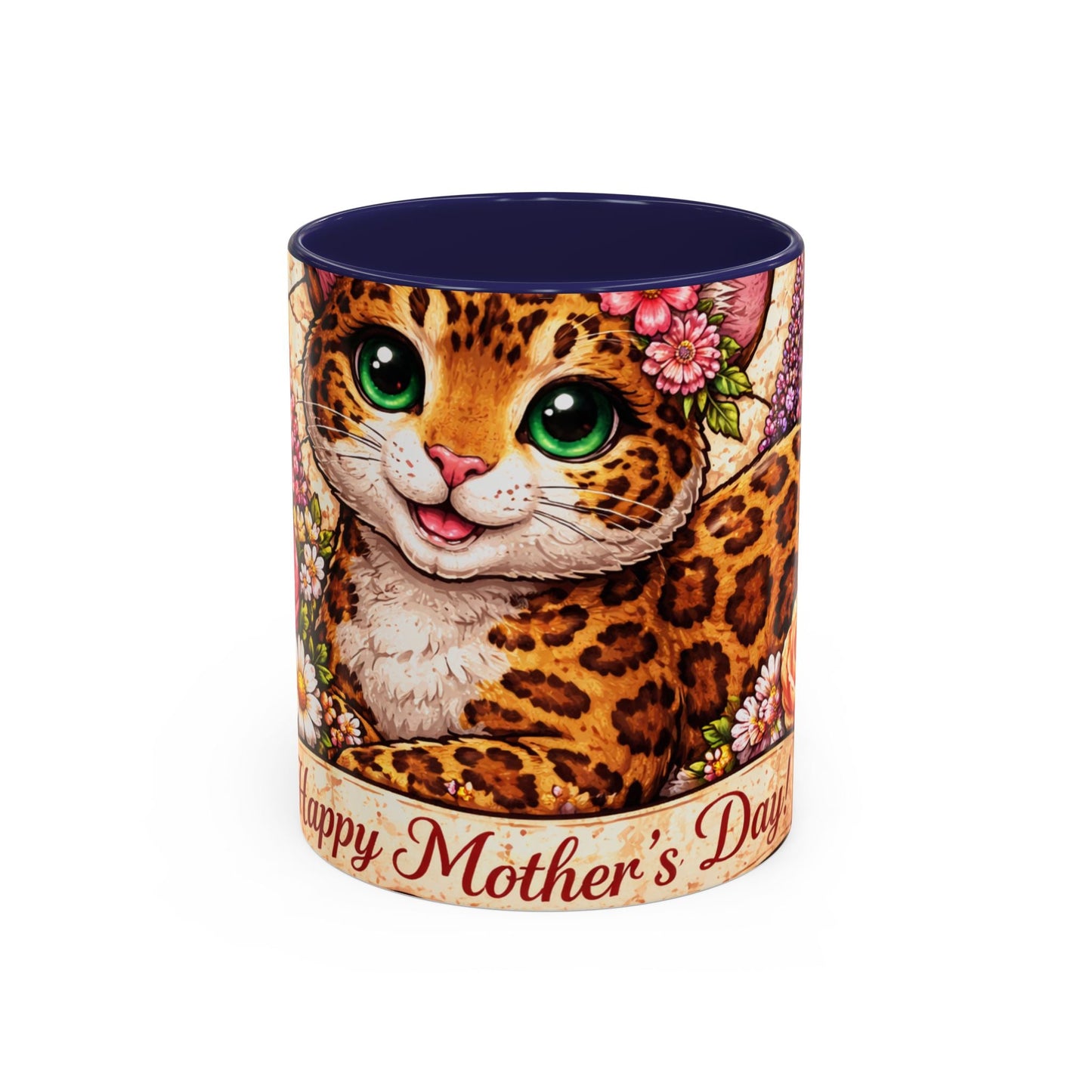 Mother's Day Cat Coffee Mug – Cute Floral Leopard Cat Accent Mug (11 oz)