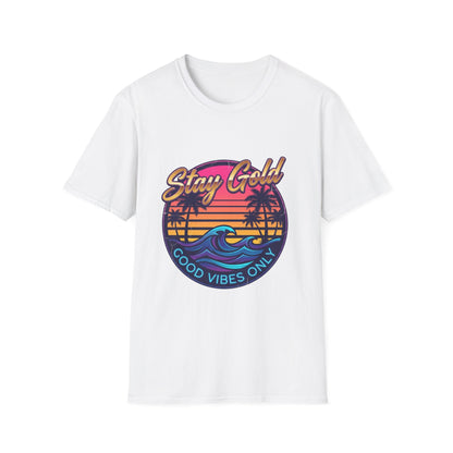 Stay Gold Beach T-Shirt - "Good Vibes Only" Retro Sunset Surf Tee
