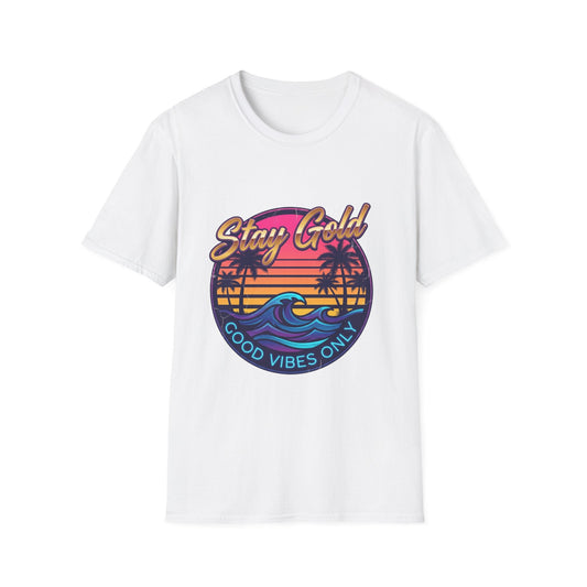 Stay Gold Beach T-Shirt - "Good Vibes Only" Retro Sunset Surf Tee