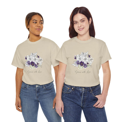 Floral 'Grow with Love' Tee — Botanical Pansy Bouquet T-Shirt