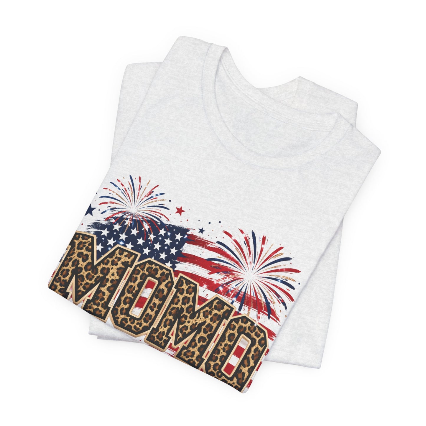MOMO Leopard Patriotic T‑Shirt — American Flag Fireworks Graphic Tee