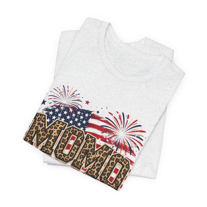 MOMO Leopard Patriotic T‑Shirt — American Flag Fireworks Graphic Tee
