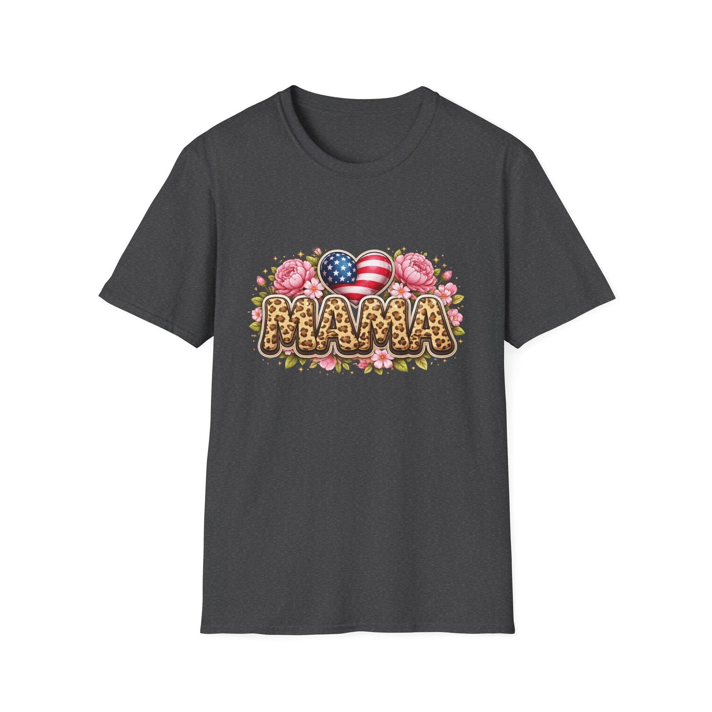 Mama Leopard Floral Tee with American Flag Hearts — Patriotic Mother's Day Shirt