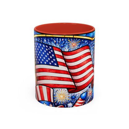 Patriotic American Flag Coffee Mug – 11/15oz Accent Mug with Fireworks & USA Design