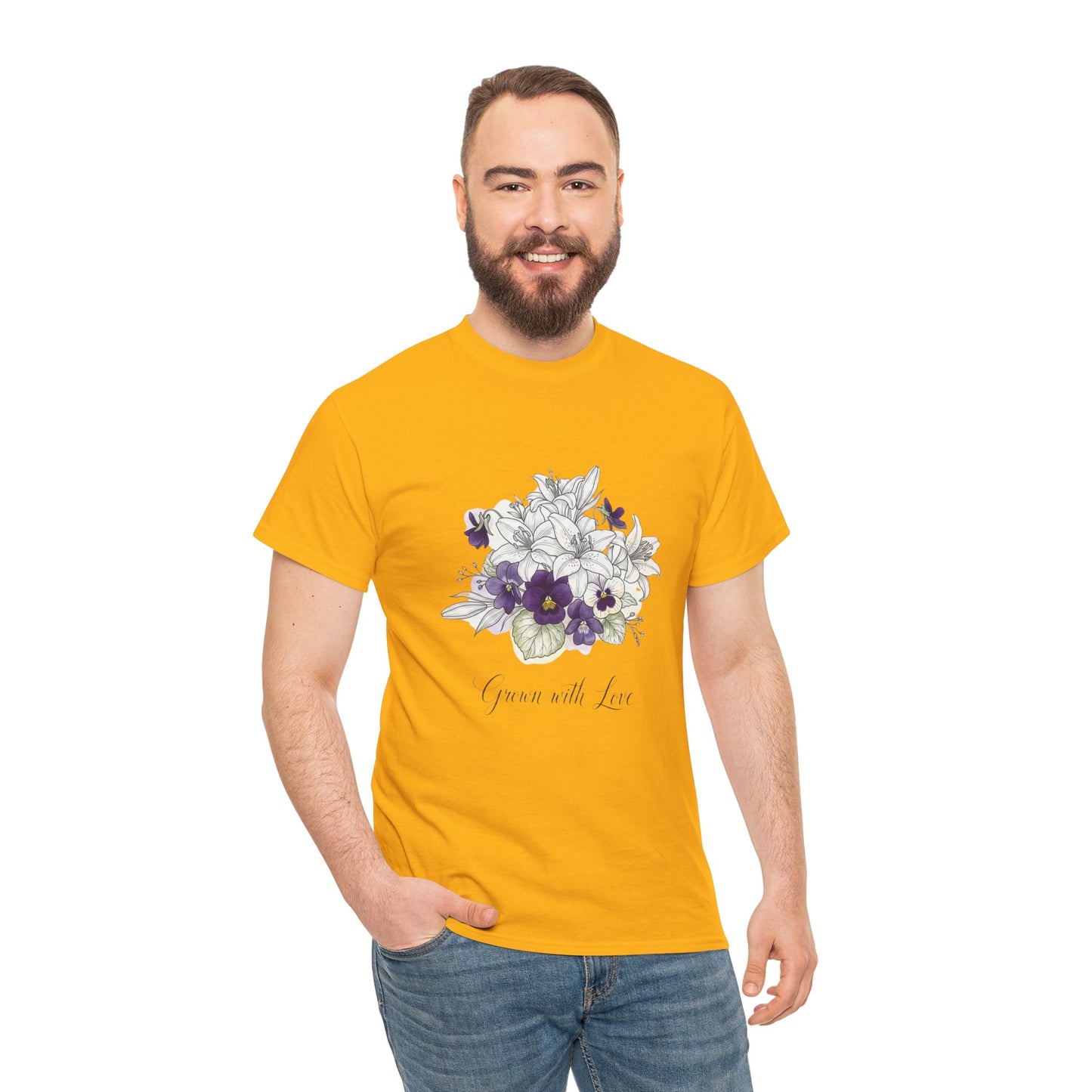 Floral 'Grow with Love' Tee — Botanical Pansy Bouquet T-Shirt