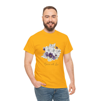 Floral 'Grow with Love' Tee — Botanical Pansy Bouquet T-Shirt