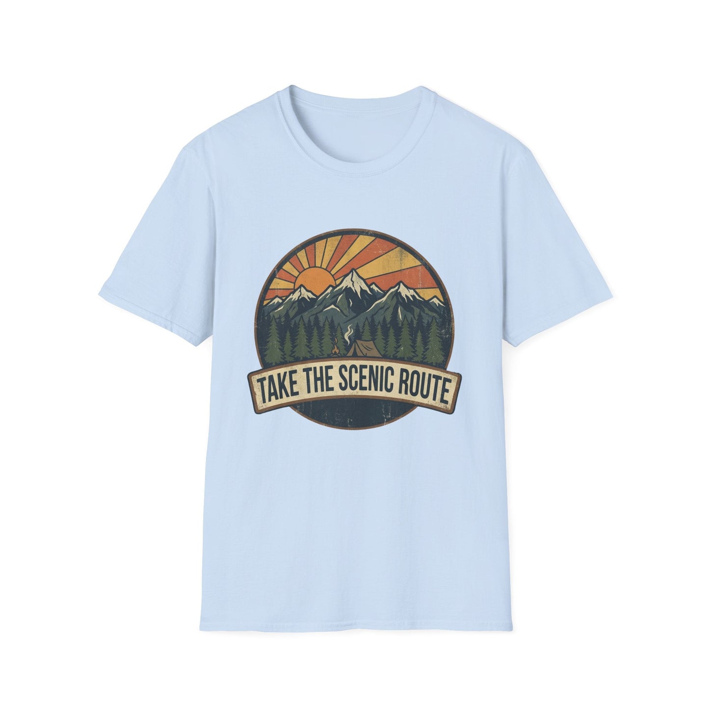 Take The Scenic Route T-Shirt — Vintage Mountain Sun Graphic Tee for Travelers & Hikers
