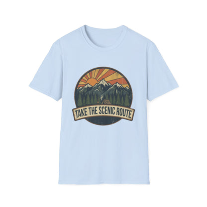 Take The Scenic Route T-Shirt — Vintage Mountain Sun Graphic Tee for Travelers & Hikers