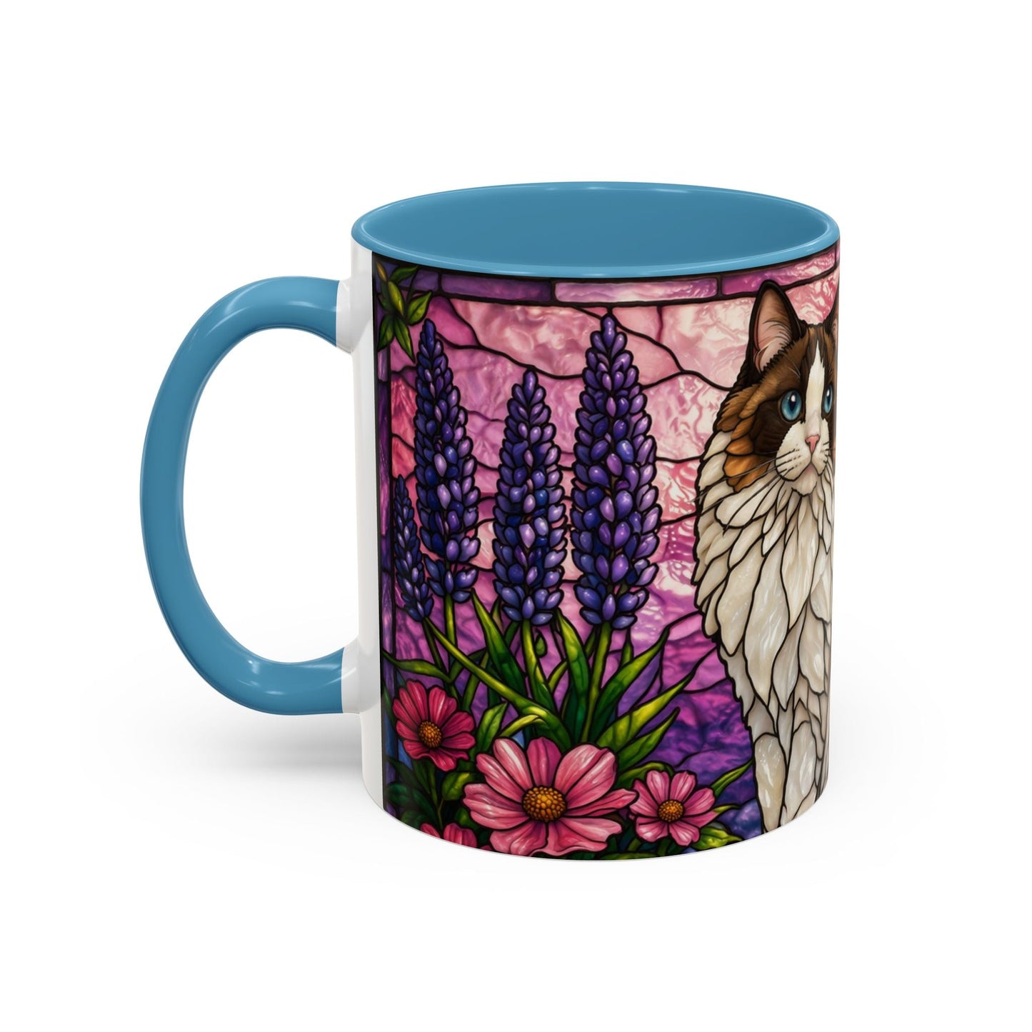 Stained Glass Ragdoll Cat Accent Coffee Mug — Floral Lily Ceramic 11/15oz