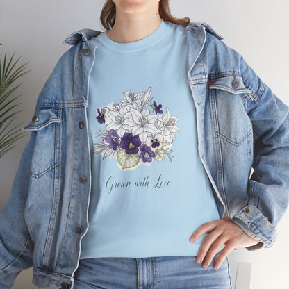 Floral 'Grow with Love' Tee — Botanical Pansy Bouquet T-Shirt