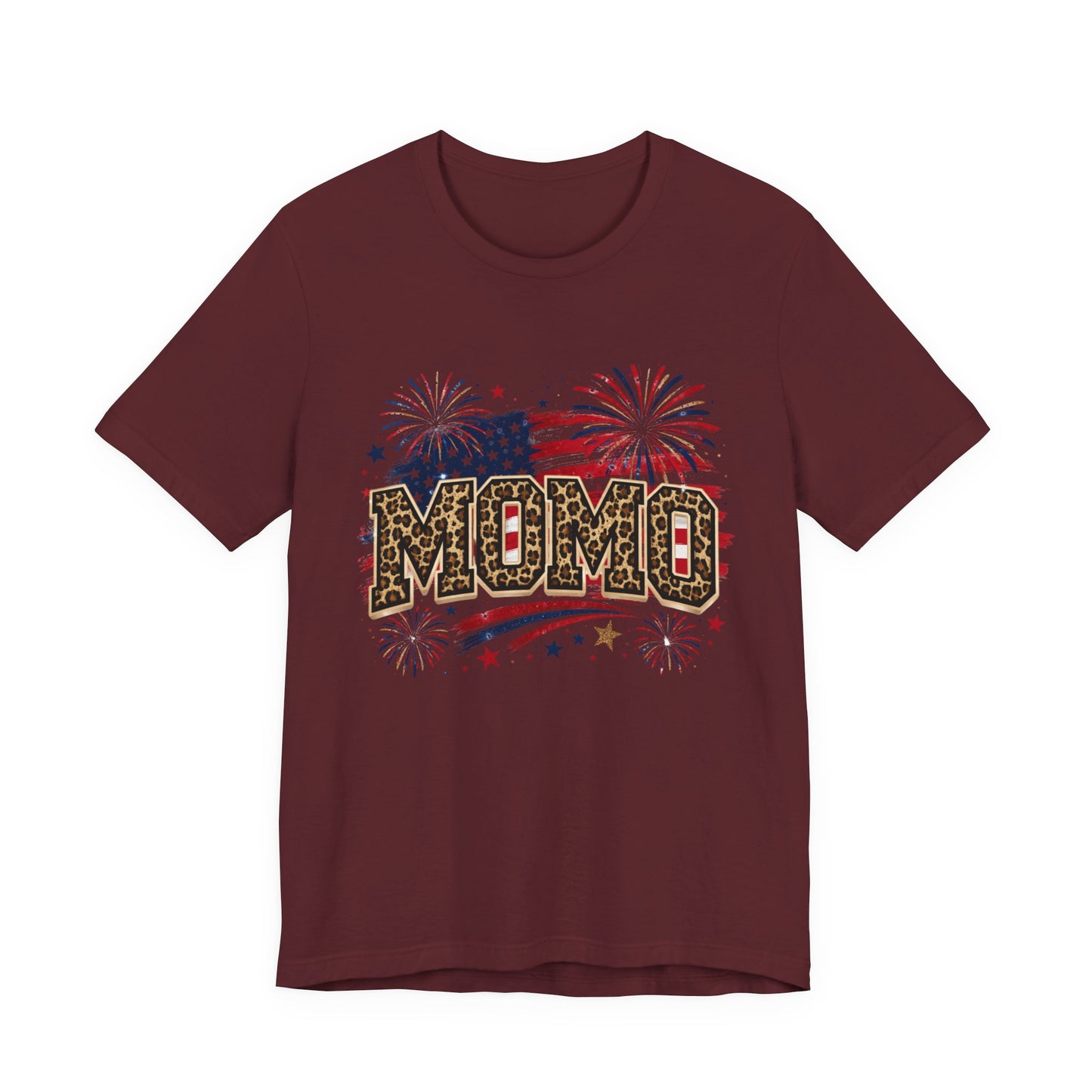 MOMO Leopard Patriotic T‑Shirt — American Flag Fireworks Graphic Tee