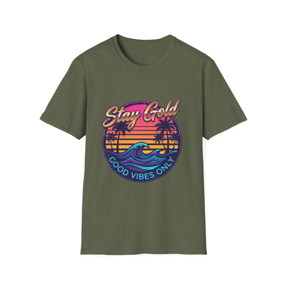 Stay Gold Beach T-Shirt - "Good Vibes Only" Retro Sunset Surf Tee